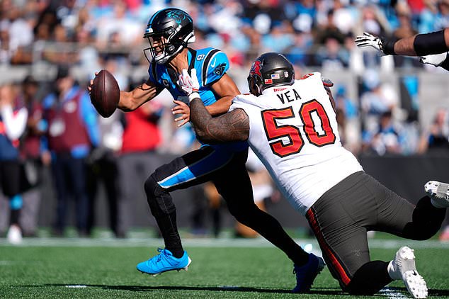 Tampa Bay Buccaneers' Vita Vea (50) sacks Carolina Panthers quarterback Bryce Young (9) during the second half of an NFL football game in Charlotte, N.C., Sunday, Oct. 25, 2026. (AP Photo/Erik Verduzco)