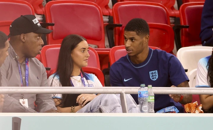 Marcus Rashford sits next to girlfriend Lucia after scoring twice against Wales