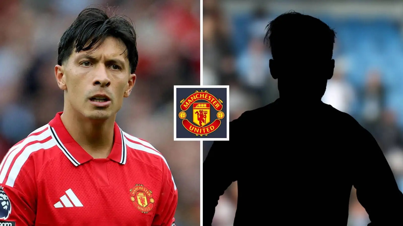 Split image of Manchester United defender Lisandro Martinez and a shadow, with the Manchester United badge in between - copyright TEAMtalk