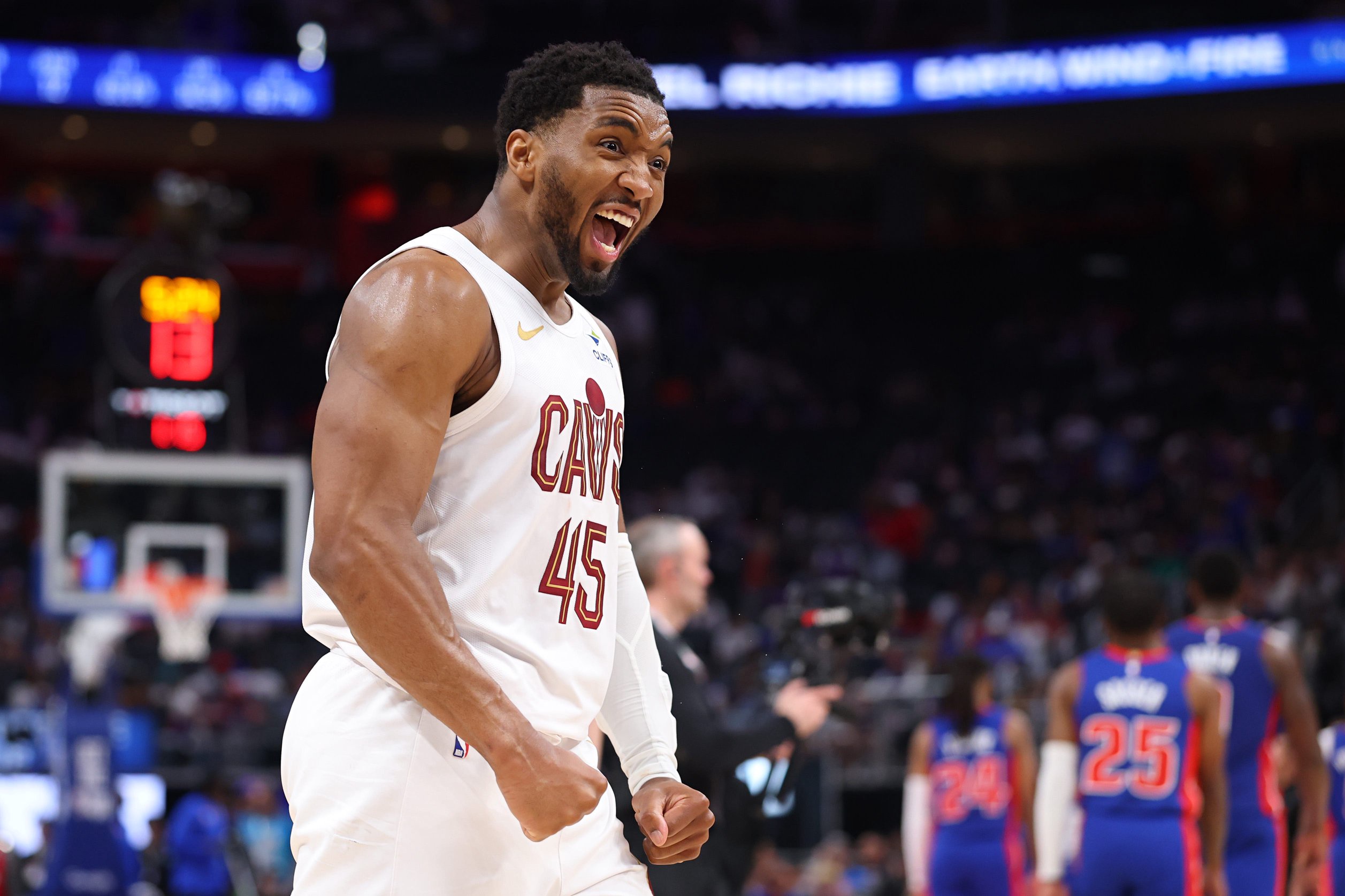 Donovan Mitchell #45 of the Cleveland Cavaliers reacts during the fourth quarter against the Detroit Pistons in Game Seven of the Second Round of the NBA Eastern Conference Playoffs at Little Caesars Arena on May 17, 2026 in Detroit, Michigan.