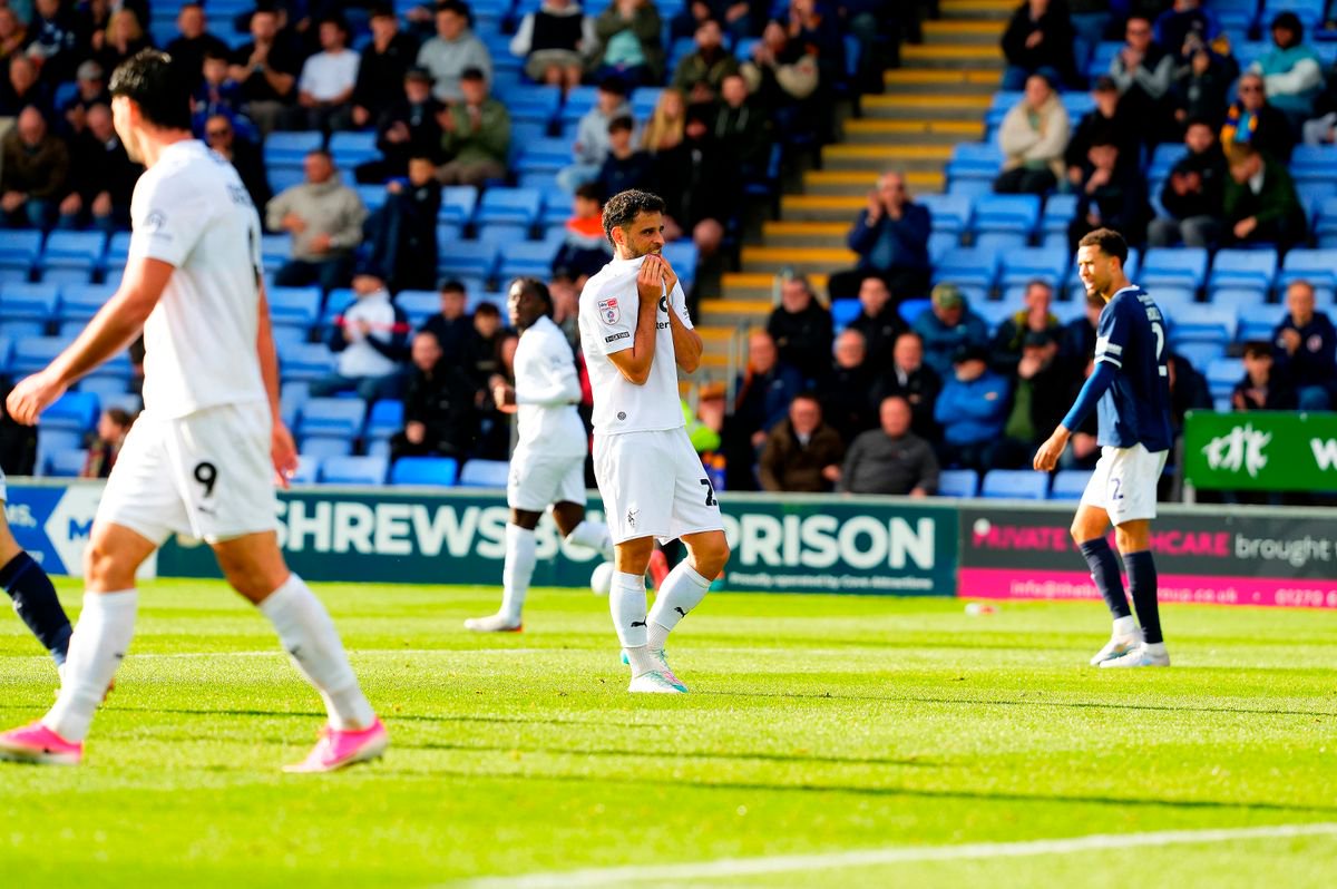 Fabrizio Cavegn of Bristol Rovers reacts to missing a chance during the Sky Bet League 2 match between Shrewsbury Town and Bristol Rovers at The Croud Meadow, Shrewsbury on 17 October 2026 (Photo: Rachel Le Poidevin/PPAUK)