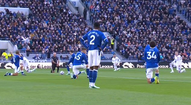 Ainsley Maitland-Niles was one of six Premier League players who refused to take the knee last weekend, pictured standing ahead of Everton's 2-0 defeat against Chelsea on Saturday