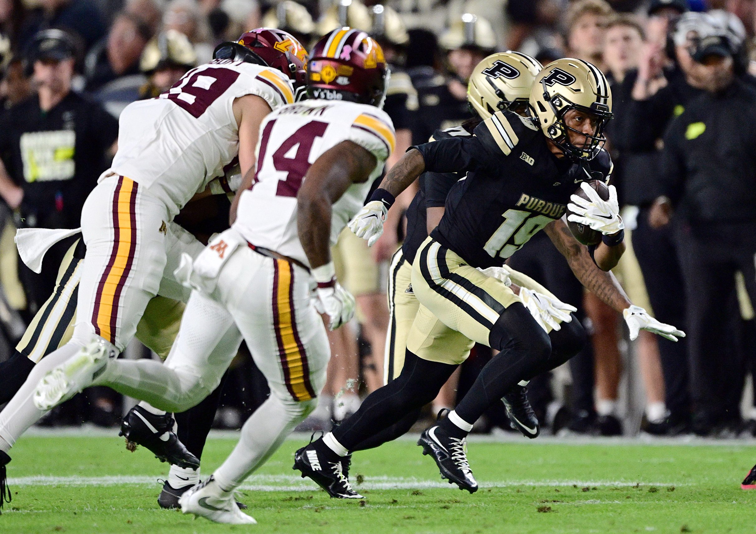 Oct 10, 2026; West Lafayette, Indiana, USA;  Purdue Boilermakers wide receiver Asaad Waseem (19) runs the ball during the second quarter against the Minnesota Golden Gophers at Ross-Ade Stadium.  Mandatory Credit: Marc Lebryk-Imagn Images