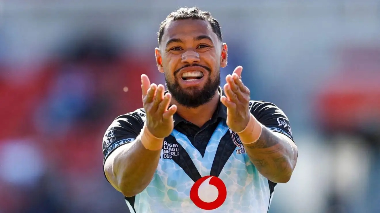 Waqa Blake celebrates his try during Fiji's group stage win over the Cook Islands during the 2026 Rugby League World Cup
