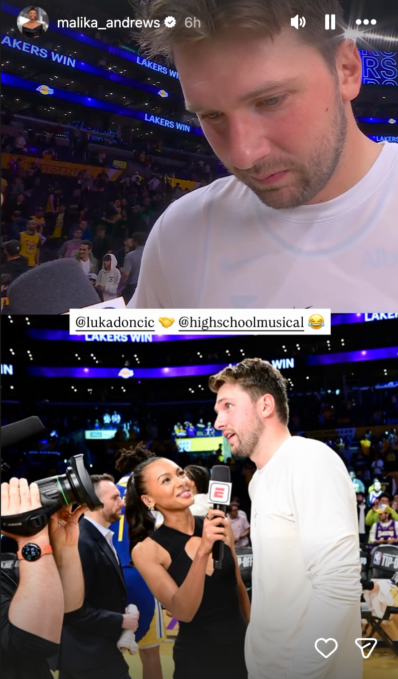 Malika Andrews' Instagram story post of her interview with Los Angeles Lakers guard Luka Doncic. (Instagram/@malika_andrews).