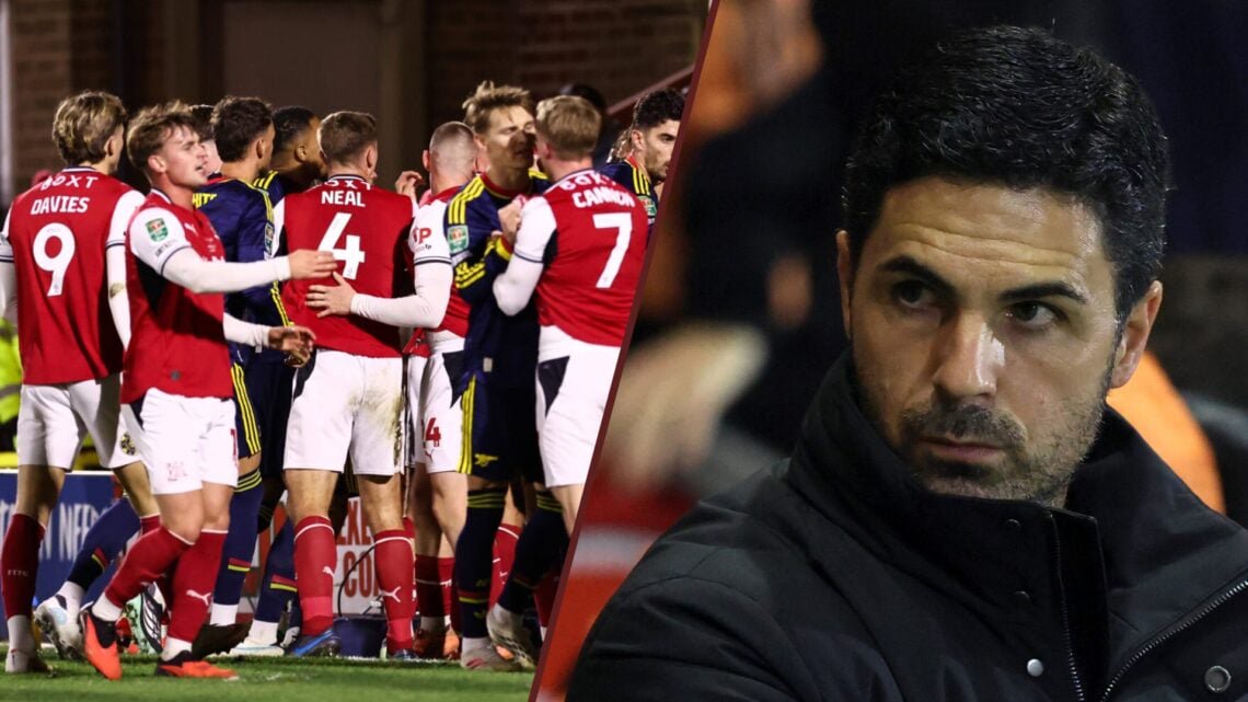 Split image showing Arsenal players fighting with Fleetwood Town players and Arsenal manager Mikel Arteta