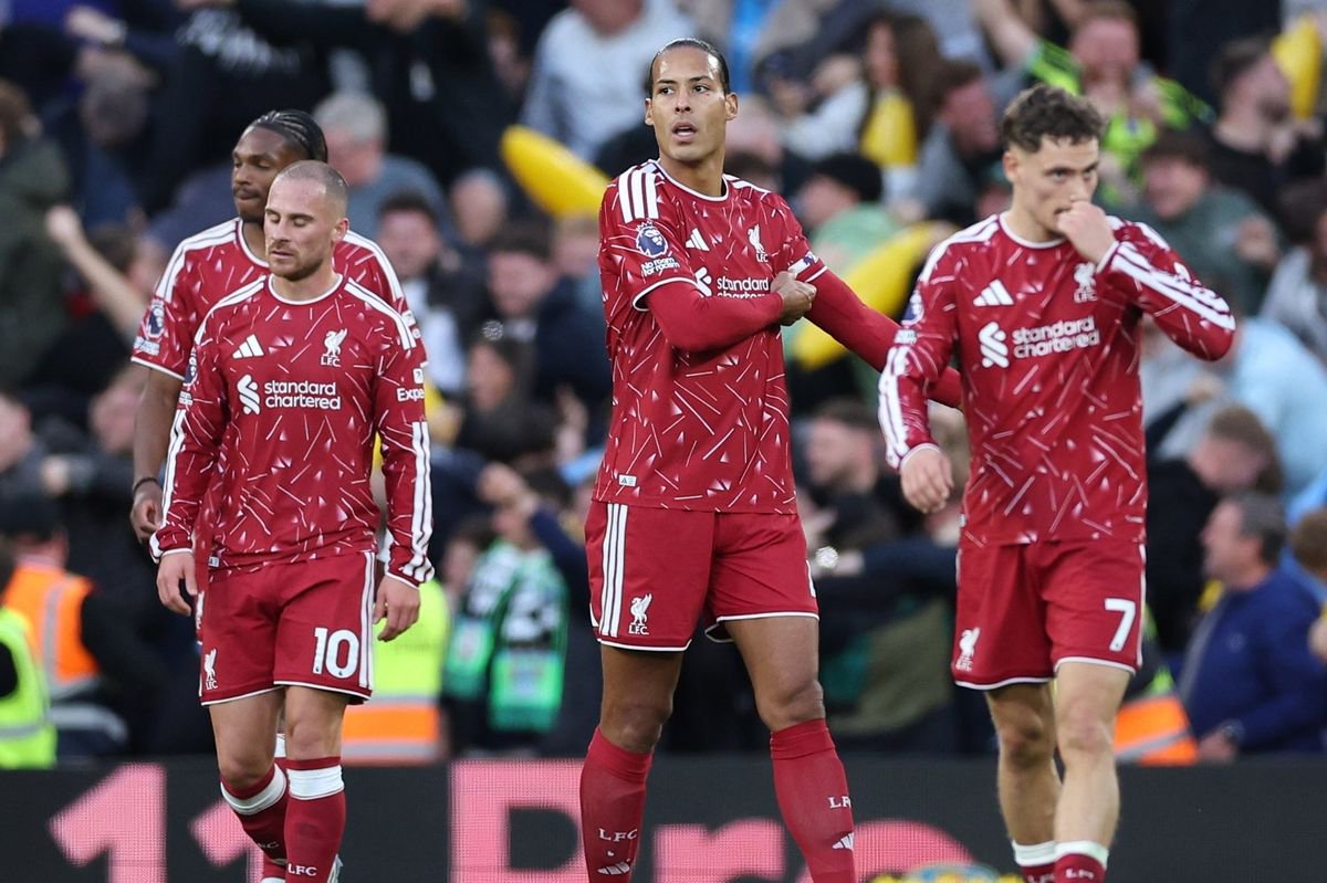Liverpool's players walk after conceding the 0-1 opening goal during the English Premier League match Liverpool FC against Manchester City