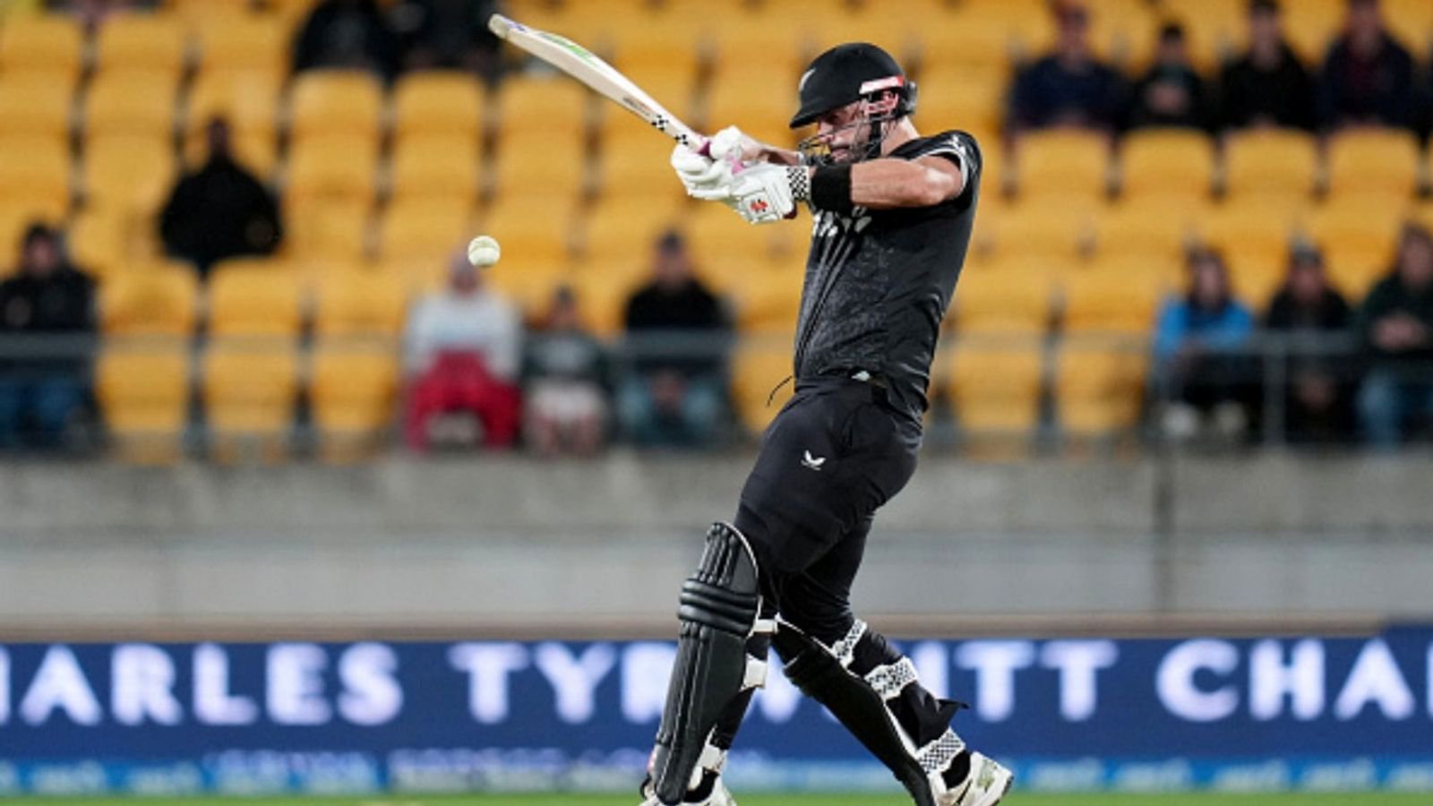 New Zealand's Daryl Mitchell plays a shot during the third ODI of the series against England at Sky Stadium in Wellington on November 1, 2025. 