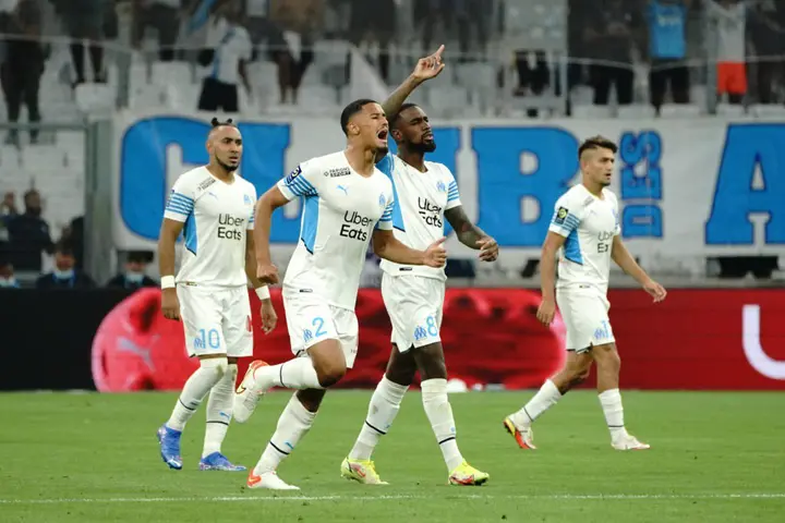 joie - Gerson Santos Da Silva Olympique de Marseille - William Saliba Olympique de Marseille FOOTBALL : Olympique de Marseille vs AS Saint Etienne - Ligue 1 Uber Eats - Marseille - 28/08/2021 NorbertScanella/PanoramiC