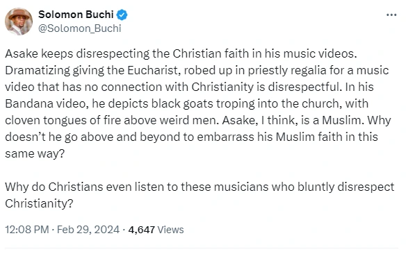 Dramatizing giving the Eucharist for a music video that has no connection with Christianity is disrespectful - Solomon Buchi slams Asake