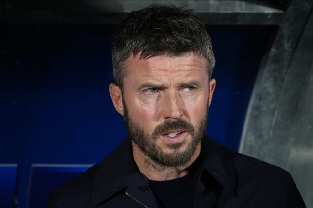 Manchester United's head coach Michael Carrick stands near the bench before the Champions League opening phase soccer match between Como and Manchester United in Como, Italy, Wednesday, Oct. 21, 2026. (AP Photo/Antonio Calanni)