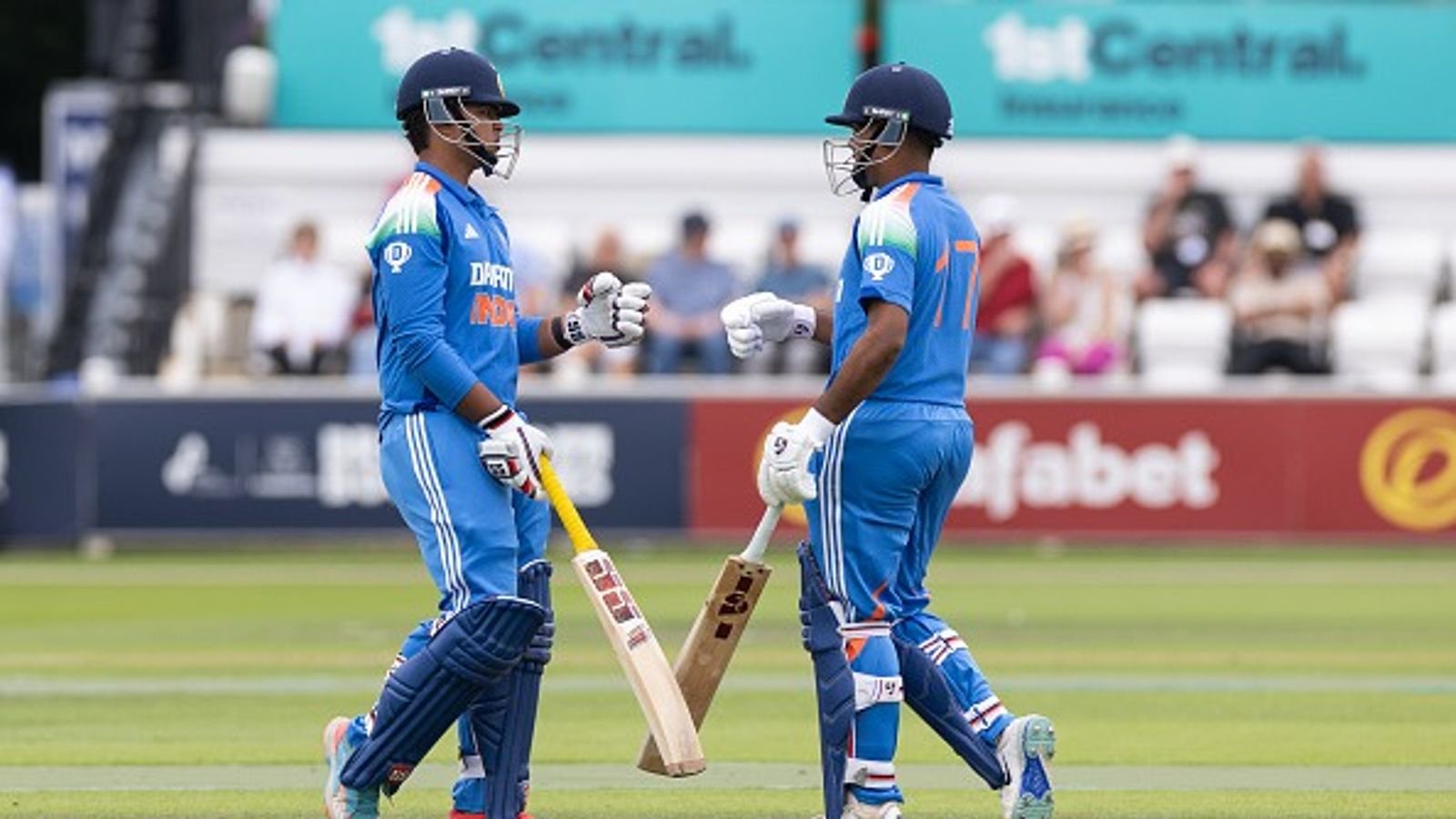  Vaibhav Suryavanshi of India U19 (l) touches gloves with Ayush Mhatre during the England U19 and India U19 Youth One Day Match on June 27, 2025 in Hove, England. (Getty)