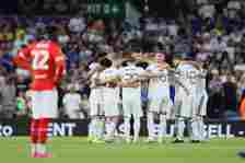 Leeds huddle before the Carabao Cup match between Leeds United and Barnsley at Elland Road, Leeds on Wednesday 24th August 2022.