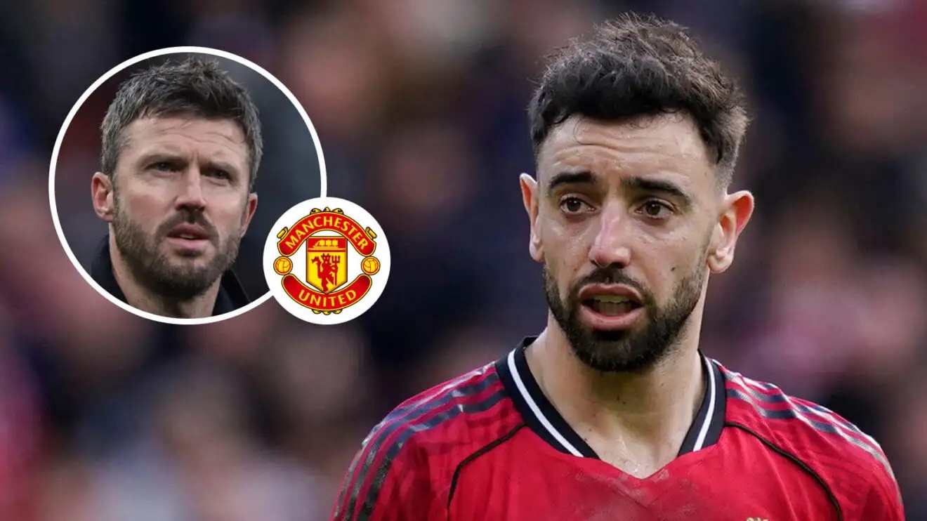 Manchester United manager Michael Carrick, Manchester United badge and Bruno Fernandes - copyright F365