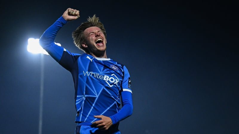 23 October 2026; Conan Noonan of Waterford celebrates after scoring his side's second goal during the SSE Airtricity Men's Premier Division match between Waterford and Drogheda United at RSC in Waterford. Photo by Seb Daly/Sportsfile
