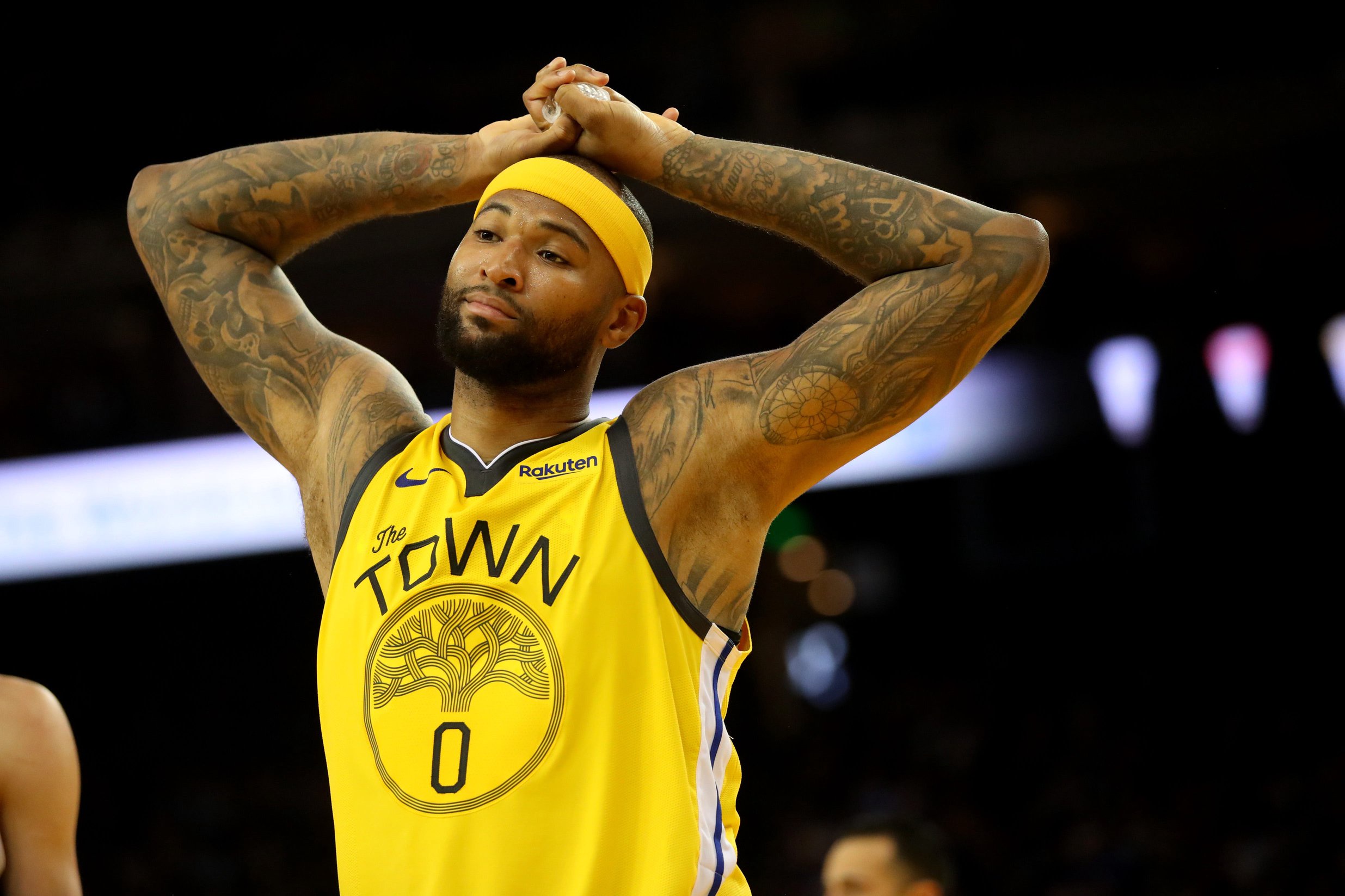 Mar 8, 2019; Oakland, CA, USA; Golden State Warriors center DeMarcus Cousins (0) reacts after being called for a foul against the Denver Nuggets in the fourth quarter at Oracle Arena. Mandatory Credit: Cary Edmondson-USA TODAY Sports