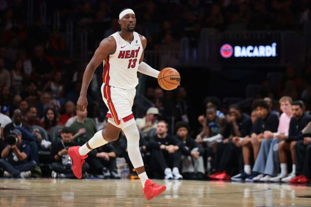 Oct 21, 2026; Miami, Florida, USA; Miami Heat center Bam Adebayo (13) dribbles the basketball against the Minnesota Timberwolves during the third quarter at Kaseya Center. © Sam Navarro-Imagn Images