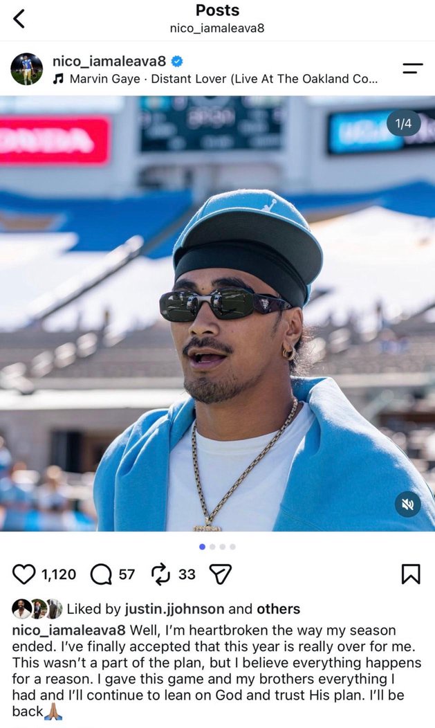 Screenshot of an Instagram post featuring Nico Iamaleava wearing sunglasses, a blue cap, and a blue hoodie, with a caption expressing disappointment about his season ending.