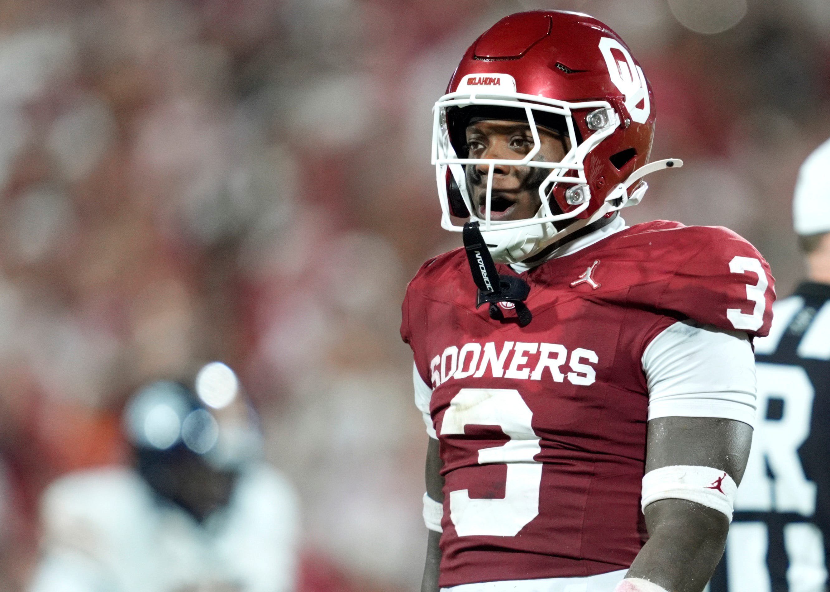 Oklahoma's Reggie Powers III celebrates a play in the first half of the college football game between the University of Oklahoma Sooners and the UTEP Miners at the Gaylord Family - Oklahoma Memorial Stadium in Norman, Okla., Sept. 4, 2026.