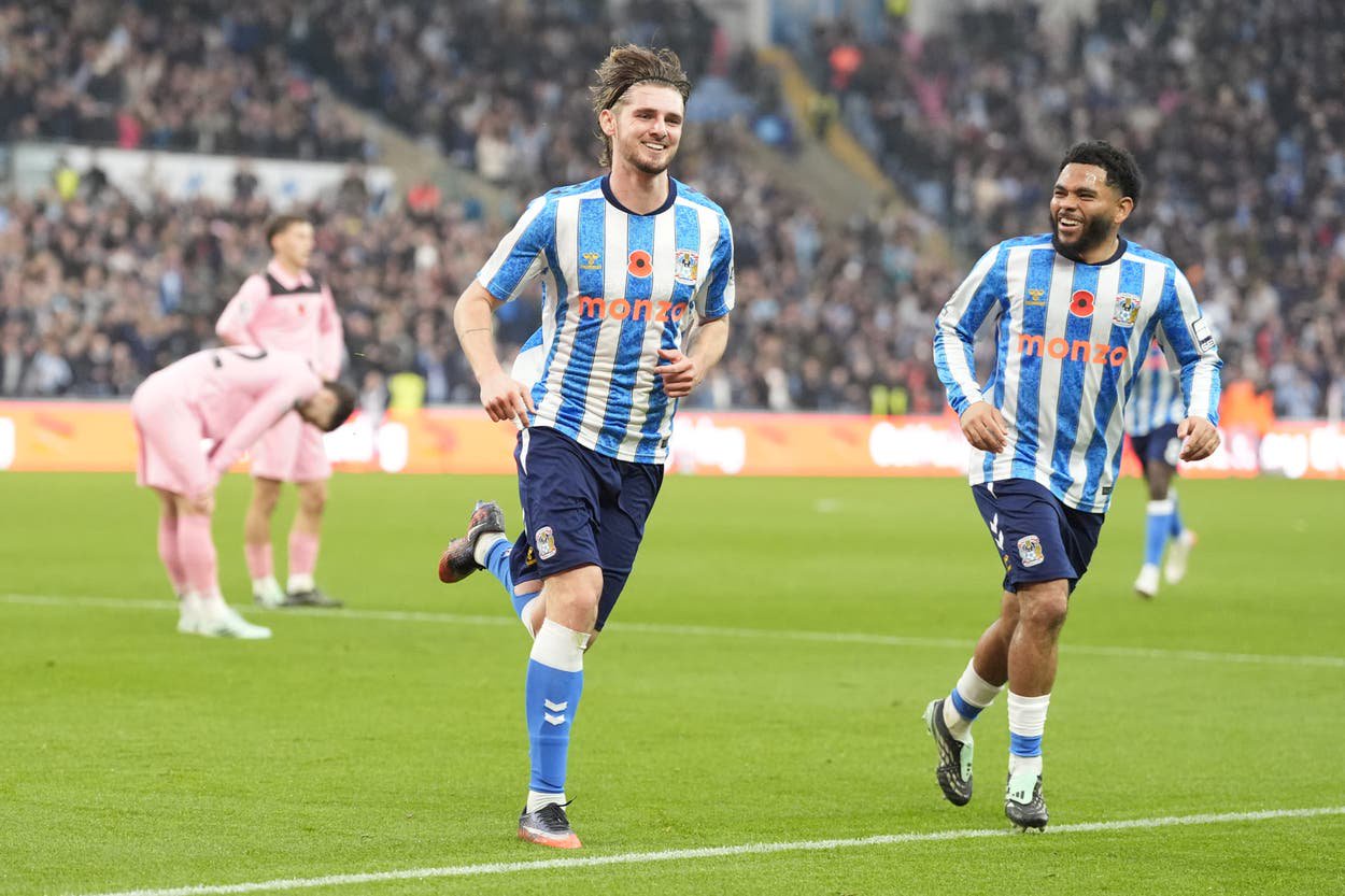Coventry’s Jack Rudoni (centre) celebrates scoring (Nick Potts/PA)