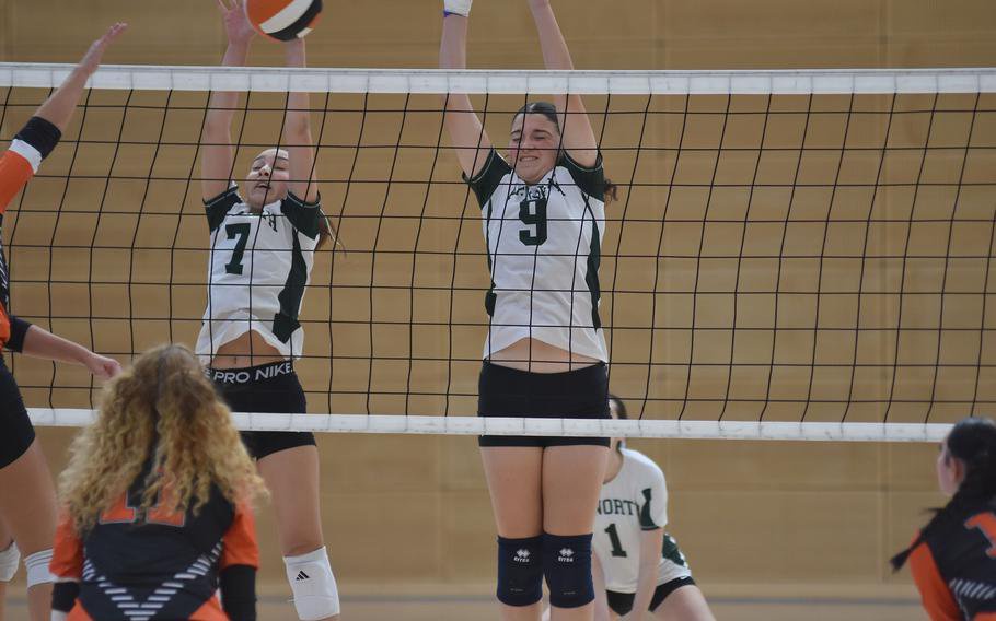 AFNORTH’s Gulce Ozmenn and Adelaide Cazzani, right, try to block a shot during the finals on Saturday, Oct. 31, 2026, of the 2026 DODEA Division III European girls volleyball championships in Spangdahlem, Germany. Spangdahlem won the title in a close, five-set match, 25-17, 22-25, 25-7, 19-25, 15-11.