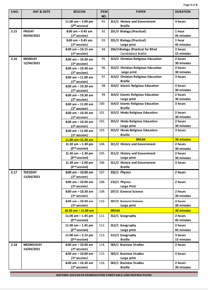 KNEC Releases The Revised 2020 KCSE Examinations Timetable ...