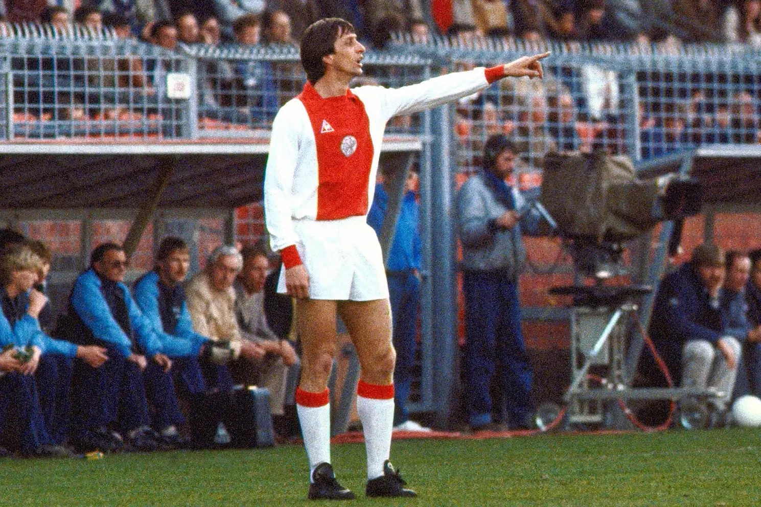 Dutch football star Johan Cruijff giving directions during the match Ajax vs NEC (5-0) in Amsterdam.