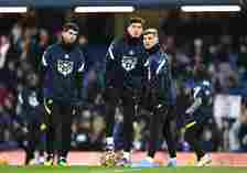 (L - R) Christian Pulisic, Kai Havertz and Timo Werner of Chelsea warm up prior to the Premier League match between Chelsea and Tottenham Hotspur a...