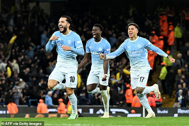 Rayan Cherki, Guehi and Enzo Fernandez celebrate the penalty shootout win over Brighton
