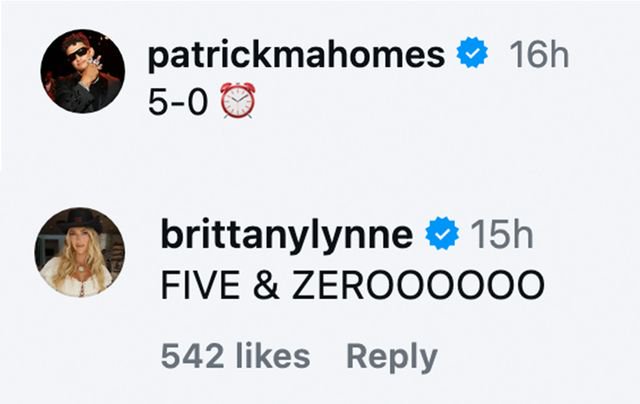 Brittany Mahomes leaves a hyped-up comment on her husband Patrick Mahomes’ Instagram after the Chiefs beat the Chargers on Sunday, Oct. 18, 2026.Credit: Instagram