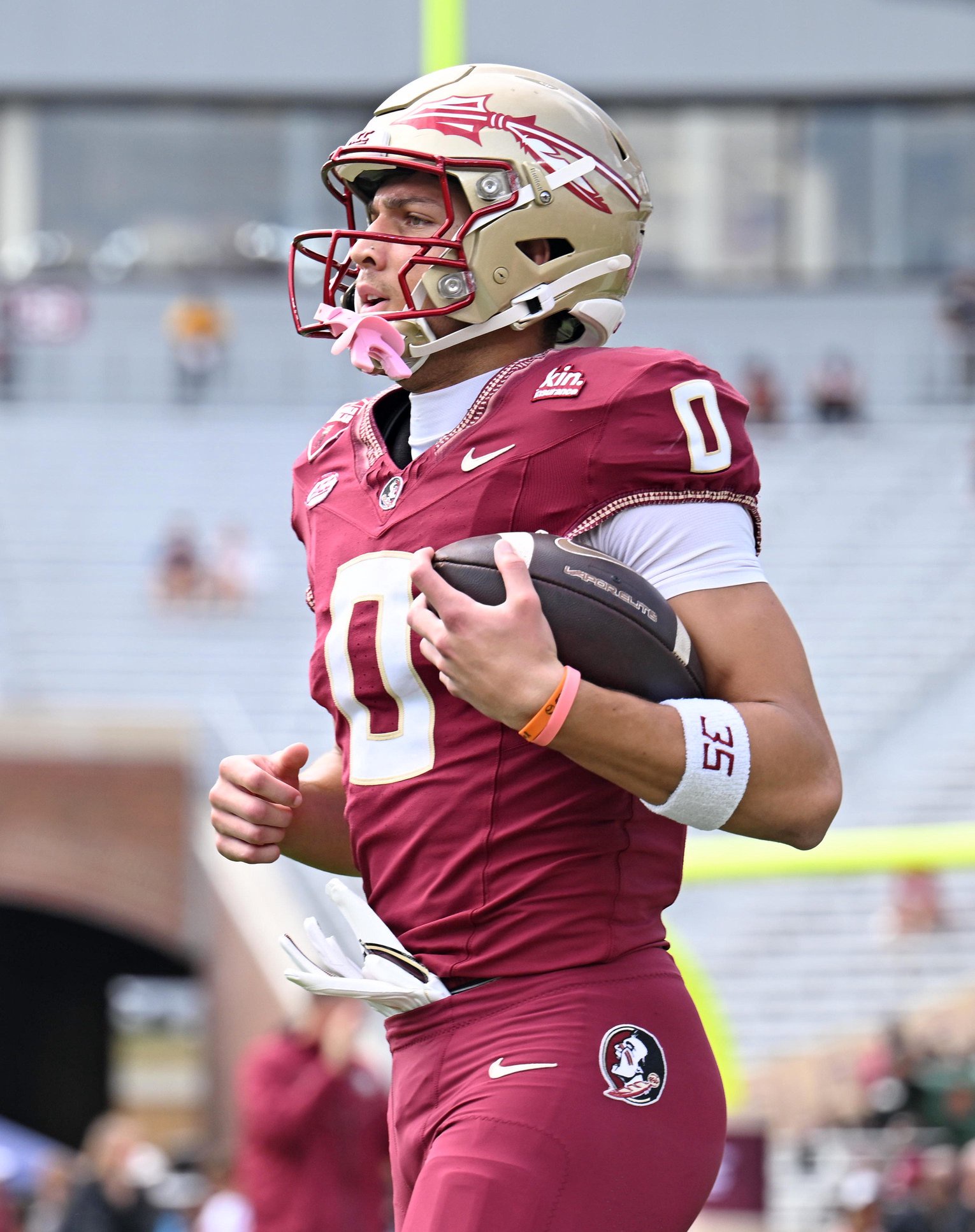 Oct 3, 2026; Tallahassee, Florida, USA;  Florida State Seminoles wide receiver Duce Robinson (0) warms up before the game against the Virginia Cavaliers at Doak S. Campbell Stadium.  Mandatory Credit: Melina Myers-Imagn Images