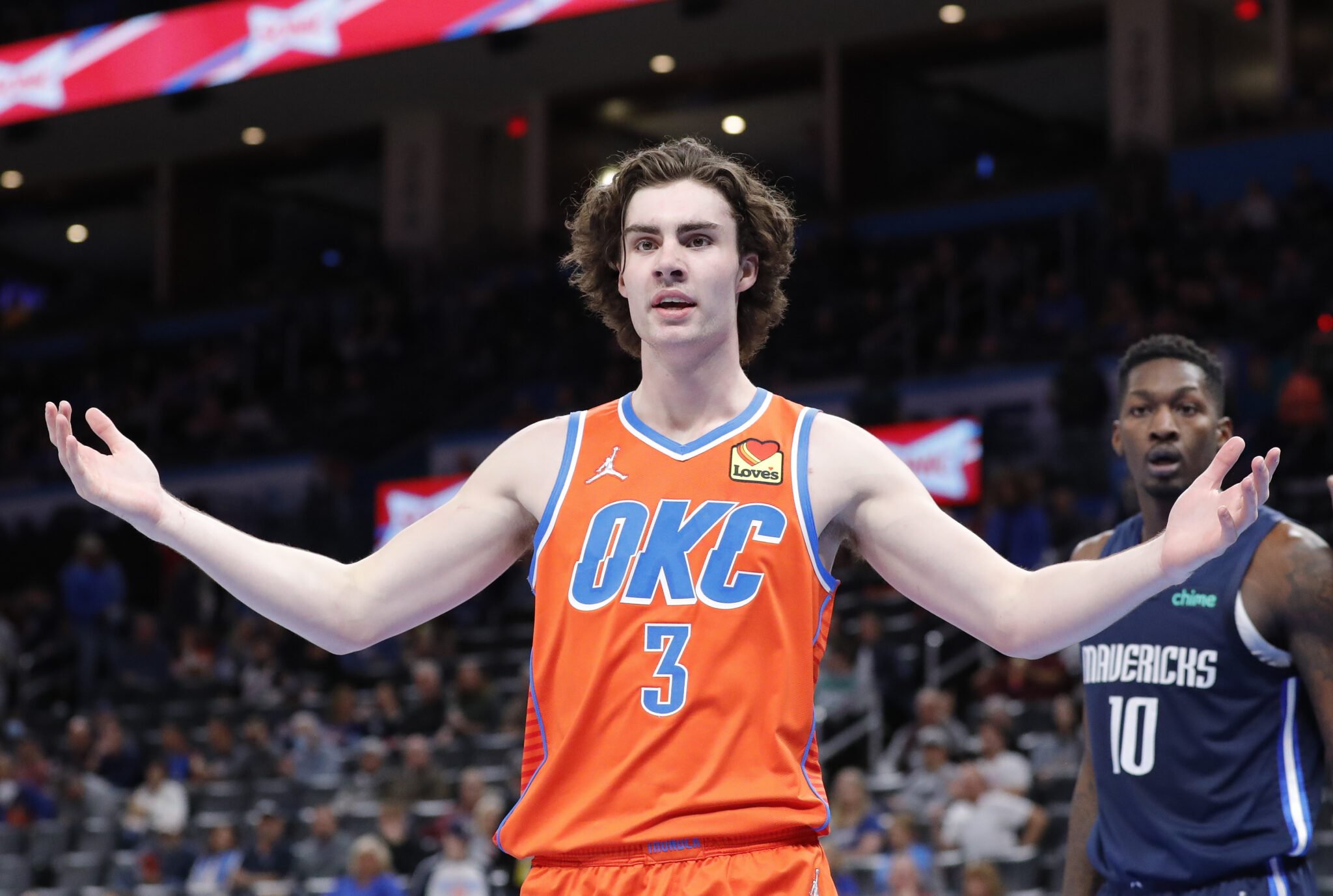 Dec 12, 2021; Oklahoma City, Oklahoma, USA; Oklahoma City Thunder guard Josh Giddey (3) reacts to an officials call following a play against the Dallas Mavericks during the second half at Paycom Center. Dallas won 103-84. Mandatory Credit: Alonzo Adams-USA TODAY Sports