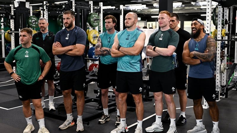 26 October 2026; Players, from left, Craig Casey, Stuart McCloskey, Mack Hansen, Jacob Stockdale, Ciarán Frawley and Bundee Aki during an Ireland Men's rugby team gym session at the IRFU High Performance Centre in Abbotstown, Dublin. Photo by David Fitzge