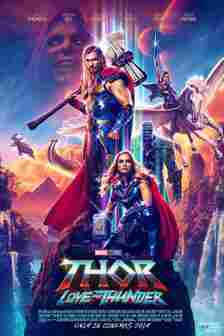 Thor Love and Thunder Poster depicting the primary cast over a waterfall