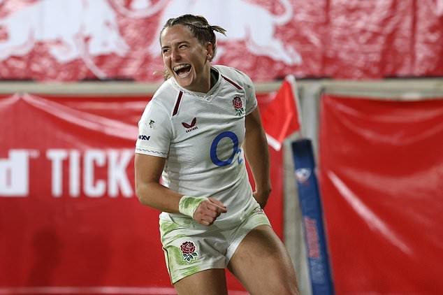 England's Claudia Moloney-MacDonald reacts after scoring a try during the second half of an international women's rugby match against the United States during the WXV Global Series, Friday, Oct. 30, 2026, in Harrison, N.J. (AP Photo/Pamela Smith)