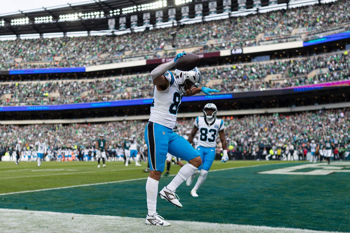 Tommy Tremble reacts after scoring a touchdown against the Philadelphia Eagles during the second quarter at Lincoln Financial Field on Dec. 8, 2024.