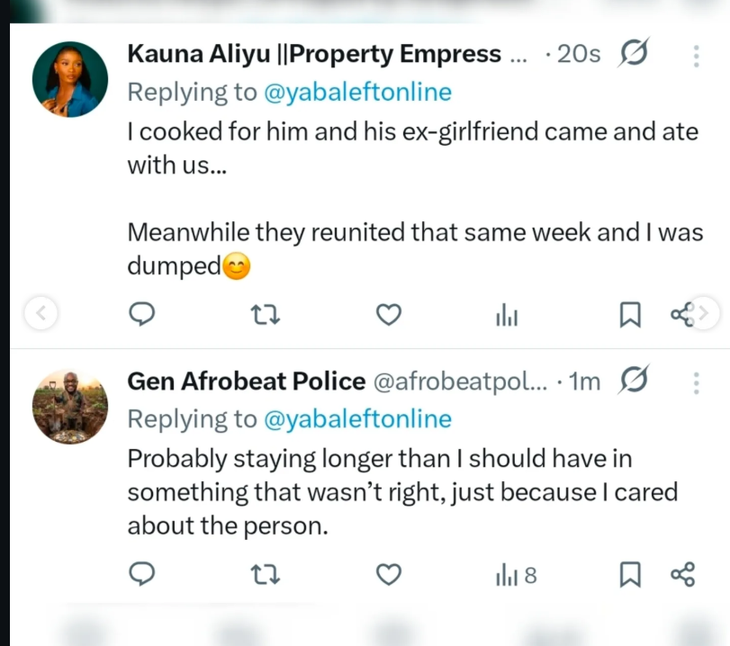 “I cooked for him, his ex came and ate, then they got back together” — reactions as X user asks worst thing people have done for love