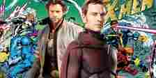 Hugh Jackman as Wolverine and Michael Fassbender as Magneto in front of X-Men comics