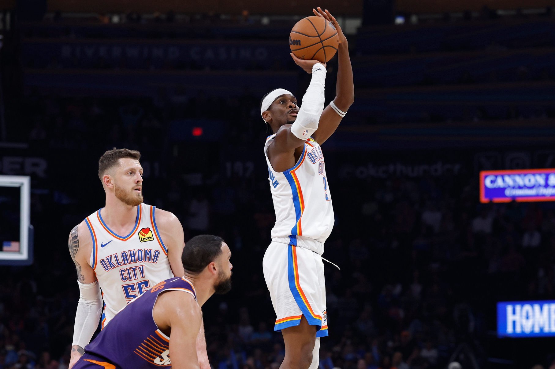 Oct 26, 2026; Oklahoma City, Oklahoma, USA; Oklahoma City Thunder guard Shai Gilgeous-Alexander (2) shoots against the Phoenix Suns during the second half at Paycom Center. Mandatory Credit: Alonzo Adams-Imagn Images