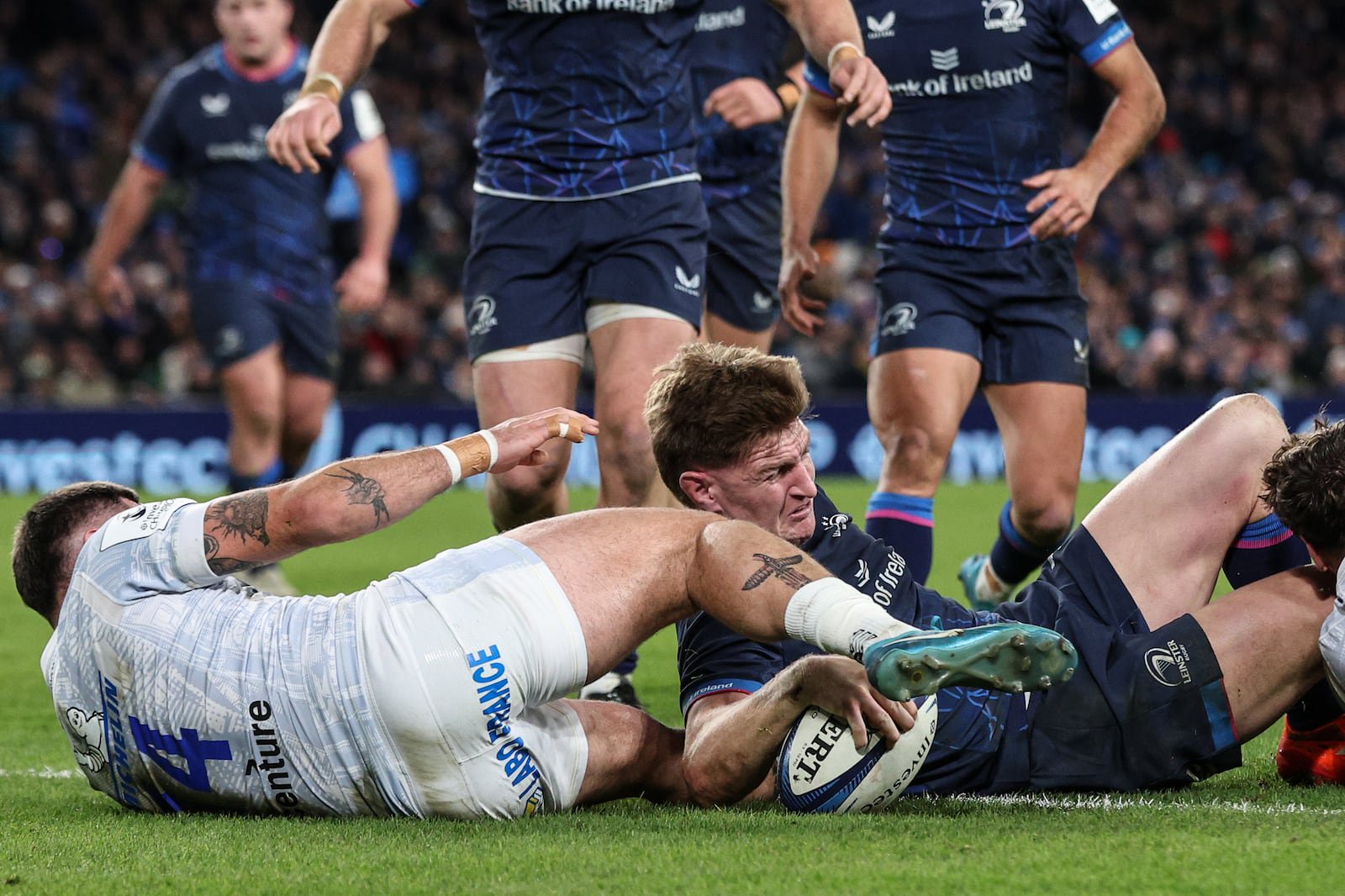 Leinster’s Jordie Barrett scores his team’s second try against Clermont Auvergne in 2024. Photograph: Ben Brady/Inpho