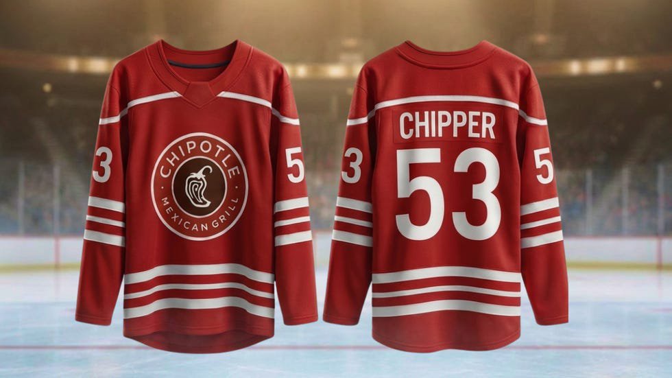 Red hockey jersey with Chipotle branding and player number.