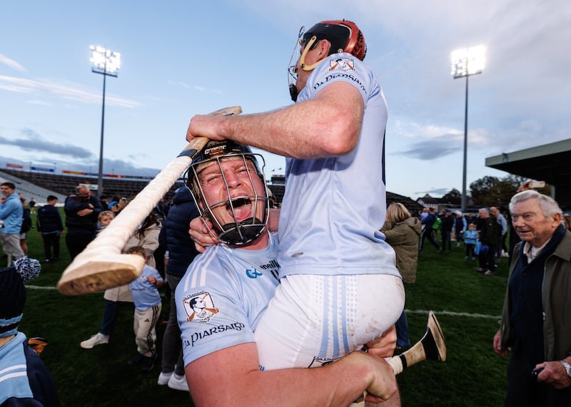 Na Piarsaigh's Peter Casey celebrates with Daithí Dempsey after winning the Limerick SHC final in October 2025. Photograph: Ben Brady/Inpho