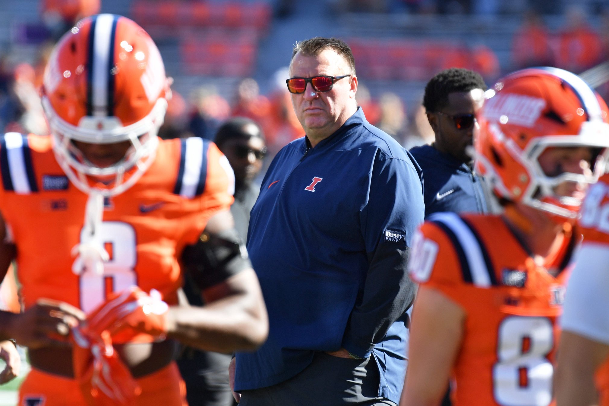 Oct 3, 2026; Champaign, Illinois, USA;  Illinois Fighting Illini head coach Bret Bielema before a game against the Purdue Boilermakers at Gies Memorial Stadium. Mandatory Credit: Ron Johnson-Imagn Images
