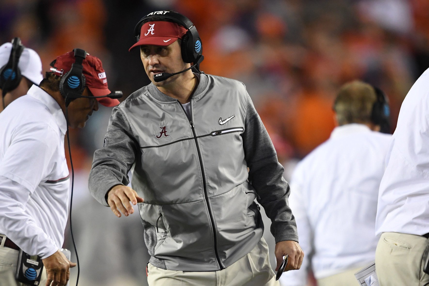 Jan 9, 2017; Tampa, FL, USA; Alabama Crimson Tide offensive coordinator Steve Sarkisian reacts during the third quarter against the Clemson Tigers in the 2017 College Football Playoff National Championship Game at Raymond James Stadium. Mandatory Credit: John David Mercer-USA TODAY Sports