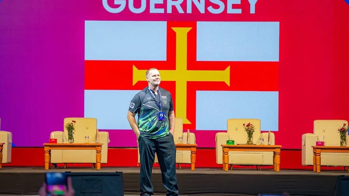 James Kirk representing Guernsey at the Commonwealth Cue Sports Championships in Amdavad.