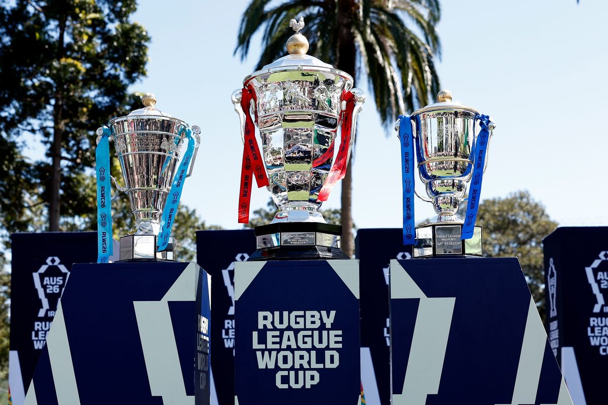 Men's and Women's World Cup trophies during the Rugby League World Cup 2026 official launch 