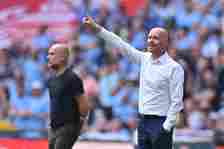 Manchester United's Dutch manager Erik ten Hag (R) and Manchester City's Spanish manager Pep Guardiola (L) watch from the touchline during the Engl...