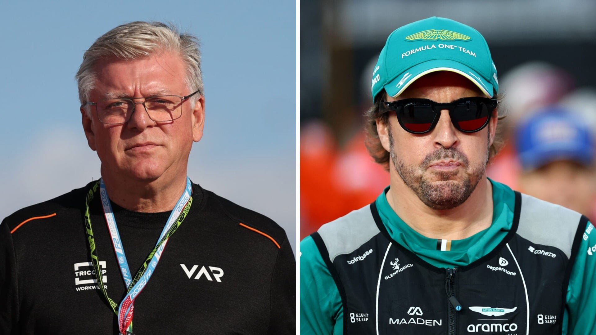 Otmar Szafnauer at a Formula 2 race; Fernando Alonso of Aston Martin in Singapore