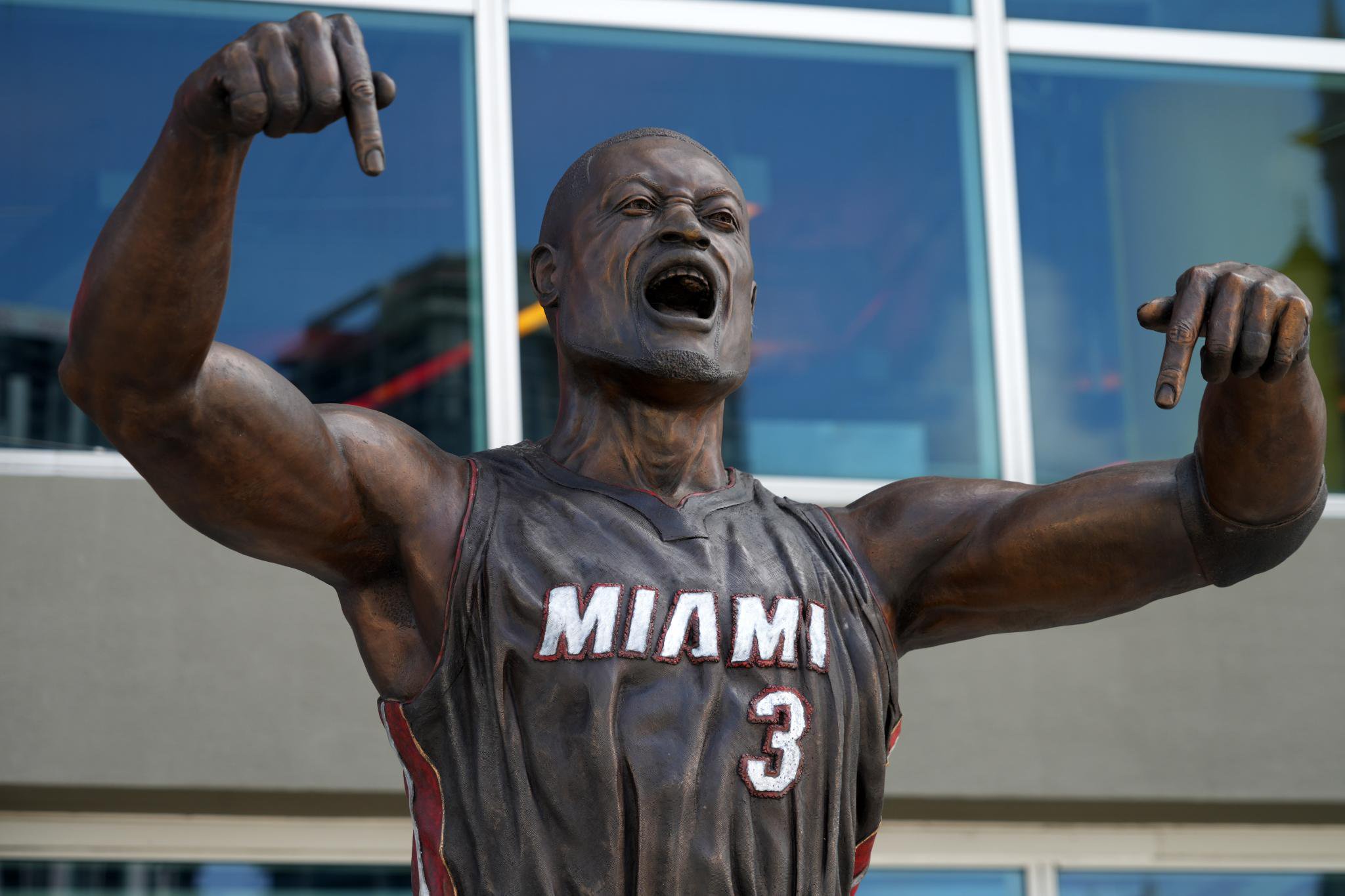 A statue of former Miami Heat guard Dwyane Wade stands at the Kaseya Center on Wednesday, October 30, 2024, in Miami.