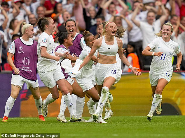 The substitute took her shirt off after poking the ball home from close range and ran around the pitch with her euphoric teammates